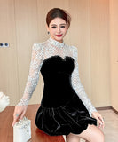 【秋冬新作】 ミニドレス キャバドレス セクシー フレンチフェミニンドットチュール切り替え ベロア素材 ウエストマーク 上品 着痩せ ドレス風 レディース フレンチフェ ドットチュール切り替え  ウエストマーク 上品 着痩せレディース デート LW2-JY21889