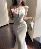 ロングドレス セクシー ホワイトサテン ホルターネック マーメイドロングドレス エレガント 結婚式のお呼ばれ パーティー JC2-XKDD200-0615A-Sep3