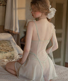 【4色】ルームウェア ランジェリー セクシー 透け感 リボンディテール メッシュ 清楚系 ナイトウェアセット JC8-GR6386