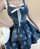 ミニドレス キャバドレス petiteサイズ ギャル系 デニム ステラップドレス アニマル柄 タイアップ ウェスト絞り JC2-ZED885346BH453