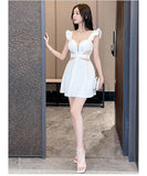 【2色】ミニドレス キャバドレス ワンピース セクシー フリフリ袖 ホローバック Aライン JC2-YM8869