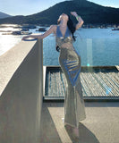 ロングドレス キャバドレス セクシー シルバー スパンコール 背中開き Vネック キラキラ 年会 二次会 JC2-XHY912609