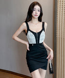 【3色】ミニドレス キャバドレス セクシー ローカット Vネック ジップ バイカラー ボディコン 指名 クラブ JC2-YM8894