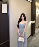 ロングドレスレースキャミワンピ谷間見せセクシー取り外し可能なチュールスカートおしゃれ宴会パーティーフラワー高級感気質 WQ2-XKD-D452-1063-Apr9