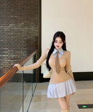 【秋新作】ミニドレス キャバドレス プレッピースタイル  ウエストマーク プリーツスカート 大人可愛い デート LW2-XKDD335A-3139-Sep21