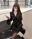 ミニドレス キャバドレス セクシー レース切り替え Vネック フレアスリーブ ボディコン デート お出かけ JC2-ZED886967DXH411