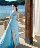 Lady's coco ロングドレス キャバドレス セクシー 肌見せデザイン カットアウト ウエスト ハイスリット ドレープ ライトブルー パーティー バースデー イベント JC2-XHY918251