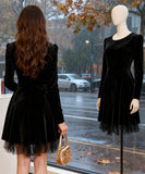 Lady's coco 膝丈ドレス キャバドレス セクシー  ベロアドレス パール付き クルーネック リボンデザイン ウエストマーク 長袖 フレアワンピース 上品デザイン デート 女子会 パーティー お呼ばれ 二次会 LW2-JY45408