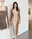 Lady's coco ロングドレス キャバドレス セクシー フレンチ風 Vネック デザイン バイカラー タイトワンピース 包臀ライン LW2-JY21896