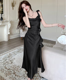 【3色】膝丈ドレス セクシー フレンチ風 ドレープネック スリット サテンキャミワンピ エレガント 花柄プリーツ バックレス パーティー 二次会 JC2-CD2-655-65480580