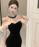 【2色】 ロングドレス キャバドレス セクシー ベロア マーメイドドレス ビジュー 仕上げ ウエストシェイプ シルエット 二次会 パーティー 披露宴 上品 LW2-OYF8731