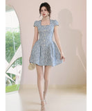 ミニドレス レトロ気質 スクエアネック ハンドメイド服 ウエストマーク Aライン フォーマルワンピース 結婚式 二次会 デート 高見え 上品 大人可愛い JC2-JY95008