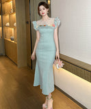 手作りドレス膝丈ドレスフリル気質マーメイドドレス宴会パーティーセレブ風フラワー高級感 WQ2-JY50935