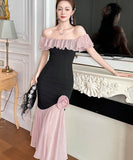 手作りドレスロングドレスオフショルダーチュールフリルフラワーセクシー高級感マーメイドドレス宴会パーティー二次会着痩せ気質 WQ2-JY51303