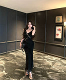 2色ロングドレスフリル谷間見せVネックレース肌見せ高級感ナイトクラブセクシーキャバクラ WQ2-XKD-D355-6839-Apr16