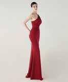 ロングドレス キャバドレス セクシー ワンショルダー サテン タイト マーメイドドレス プリーツ スリット入り 夜会 パーティー 結婚式 JC2-YEY33598