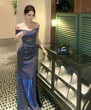 Lady's coco ロングドレス キャバドレス セクシー オフショルダー スパンコール スリットドレス 誕生日会 結婚式 二次会 LW2-XHY917022