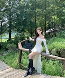 ロングドレス キャバドレス フレンチ風 アシンメトリー ワンショルダー 長袖 タイトワンピース ミディ丈 シルエット LW2-CD3-141-5750790