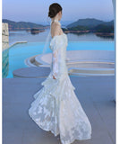 ロングドレス キャバドレス セクシー フレンチ マーメイド バタフライジャカード フリル 長袖 JC2-XHY913212