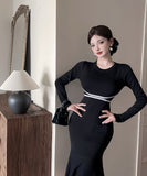 膝丈ドレス キャバドレス セクシー フェミニン ニットワンピース ラウンドネック ウエストマーク マーメイドライン 大人可愛い  デート LW2-ZED885053GT510D