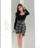 ミニドレス キャバドレス セクシー 韓国風 スクエアネック チェック切り替え タイト 長袖 小柄さん向け デートコーデ オフィスOK JC2-ZED88396A71