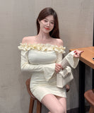 【2色】ミニドレス キャバドレス セクシー オフショルダー 長袖 フリルデザイン フレアスリーブ タイトミニワンピース シルエット 大人可愛い LW2-DD5943