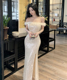 Lady's coco ロングドレス キャバドレス セクシー フレンチ オフショルダー スパンコール タイトシルエット 高見え ふわふわフェザー付き パーティー JC2-YKE450A8676