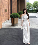 上下セットワイドパンツサテン高級感ワンショルダーセクシーエレガント通勤大人可愛い気質 WQ2-XKD-D529-6892-May10