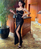 Lady's coco ロングドレス キャバドレス  セクシー ベロア キャミワンピース スリット入り 上品セクシー ハイウエスト ドレス  結婚式 二次会 披露宴 パーティー 上品 LW2-DD5946