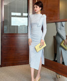 Lady's coco ロングドレス キャバドレス セクシー ブルーチェック タイトワンピース デザインリボン スリット入り 上品 スタイル 二次会 披露宴 上品  LW2-JY56009