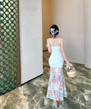 ロングドレスキャミワンピ花柄マーメイドドレスレース旅行セクシー韓国っぽ個性感 WQ2-DD4859