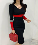 【3色】膝丈ドレス セクシー 韓国風 Vネック タイト ミディワンピ コンビカラー 出勤 デート お出かけ JC2-MLS57526258