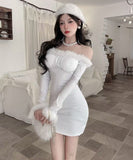 【3色】ミニドレス キャバドレス セクシー クリスマス フェザー オフショルダー ウエストマーク タイトシルエット 長袖 デート JC2-DD6108
