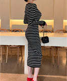 Lady's coco ロングドレス キャバドレス セクシー 秋冬新作 ニットワンピース クルーネック 長袖 ストライプ柄 タイトシルエット ミディ丈 LW2-DD6032