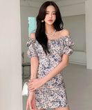 ミニドレス花柄パフスリーブオフショルダーエレガントカワセクシータイトドレスパーティーエレガント WQ2-ZED885751A71