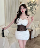 【2色】 ミニドレス キャバドレス セクシー キャミソールワンピース 透けメッシュ×フェザー切り替え タイトセクシー ドレス Vネック LW2-DD6013