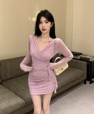 【4色】ミニドレス キャバドレス セクシー タイトミニワンピース 長袖 ショート丈 ボディコン LW2-DD5875