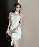 ミニドレスチュールセクシーパフスリーブレースエレガント大人可愛い気質キャバクラ WQ2-DD4842