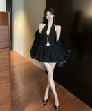 【2点セット】ミニドレス キャバドレス セクシー ホルターネック クロップドトップス 花びらスカート セットアップ  体型カバー LW2-SB6556