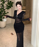 Lady's coco ロングドレス キャバドレス セクシー ストーン 深Vネック シースルー タイト マーメイドワンピース LW2-OYF8722