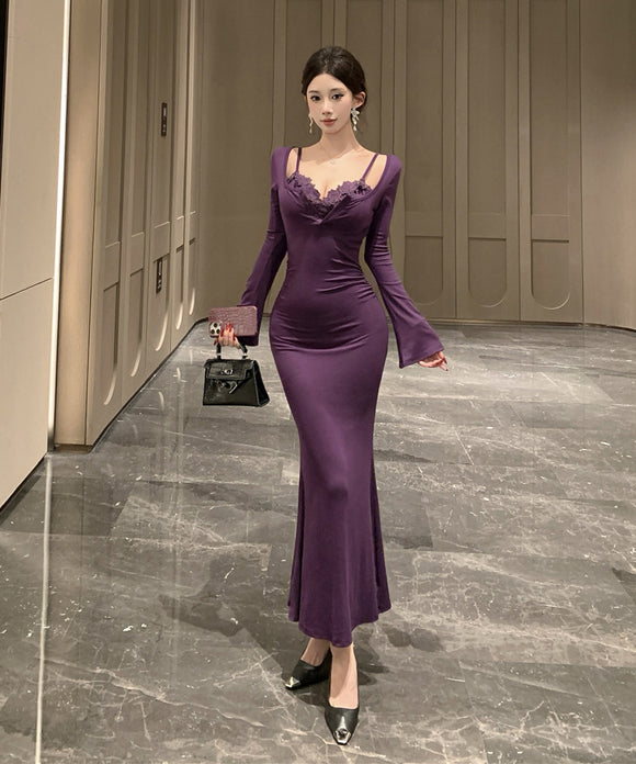 【2色】ロングドレス キャバドレス セクシー フェイクレイヤード レーストリム キャミソール 谷間魅せ 上品 タイト マーメイドワンピ 指名 JC2-DD6075