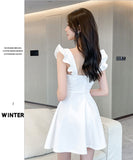 【2色】ミニドレス キャバドレス ワンピース セクシー フリフリ袖 ホローバック Aライン JC2-YM8869