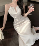 ロングドレス キャバドレス セクシー キャミソール サテン調 Vネック ハイウエスト マーメイドライン 美シルエット 上品 パーティーDQ2-XKD-D326-0615A-Mar30