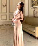 Lady's coco ロングドレス キャバドレス セクシー シャンパンピンク 調節可能 ディープV バックレス ツイストデザイン ギャザー入り 誕生日 パーティー JC2-XHY919295