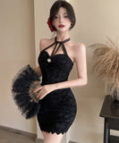 【2色】 ミニドレス セクシー キャバドレス レース ホルターネック ナイトクラブ タイトドレス パーティー ホルターネック WQ2-ZED885246BH453