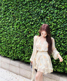 ミニドレスキャバドレスチュール袖付きエレガント通勤気質同伴Vネック小顔花柄パフスリーブ WQ2-XKD-D355-5088-Apr6