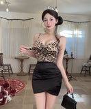 【2色】ミニドレス キャバドレス セクシー キャミソール レオパード柄 バイカラー サテン ヒップライン クラブ JC2-DD6361