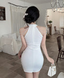 【3色】ミニドレス キャバドレス セクシー 胸元大胆 ホルターネック 肩見せ タイトシルエット 細見え パールチェーン JC2-DD6320