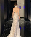 ロングドレス キャバドレス セクシー レース フリル ホルターネック バックオープン マーメイドライン パーティー JC2-XHY9895