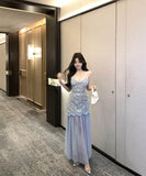 ロングドレスレースキャミワンピ谷間見せセクシー取り外し可能なチュールスカートおしゃれ宴会パーティーフラワー高級感気質 WQ2-XKD-D452-1063-Apr9